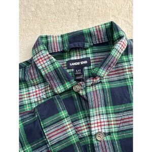 Lands End Mens Colorful Green Plaid Flannel Shirt Large Button Front 100% Cotton
